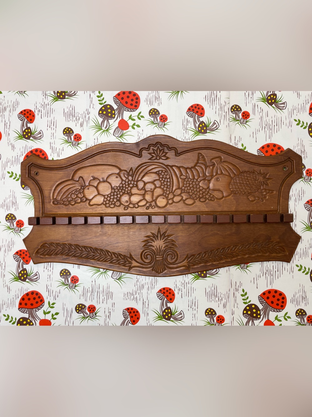 Vintage Carved Wooden Wall Hanging Cornucopia and Fruit Spoon Rack